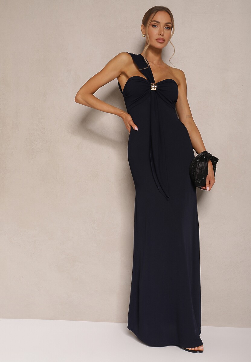 Granatowa Asymetryczna Sukienka Koktajlowa Ozdobiona Metaliczną Aplikacją Divianis