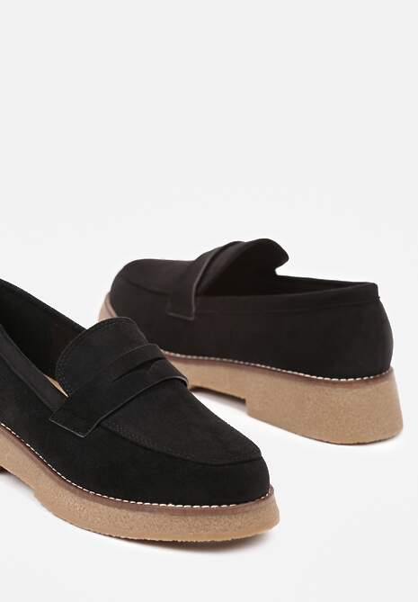 Czarne Mokasyny na Płaskiej Podeszwie z Przeszyciami i Paskiem Merinara