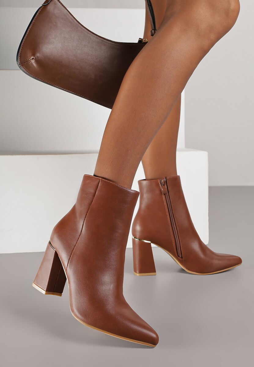 Brązowe Botki na Słupku Vices Ozdobione Przeszyciem Illvine