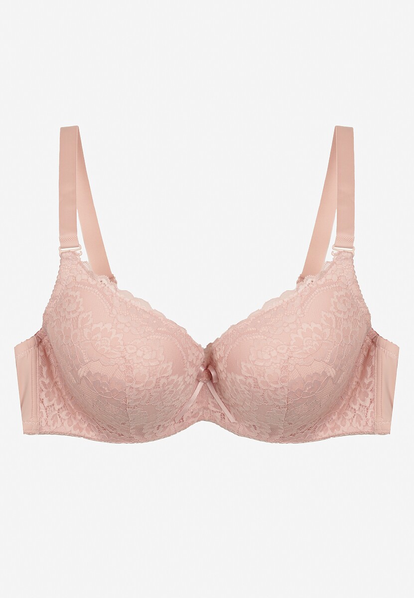 Jasnoróżowy Biustonosz z Wszytymi Gąbeczkami na Regulowanych Ramiączkach Ozdobiony Koronką Ellpina