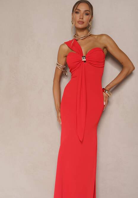 Czerwona Asymetryczna Sukienka Koktajlowa Ozdobiona Metaliczną Aplikacją Divianis