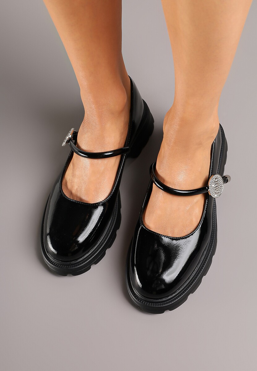 Czarne Półbuty Ozdobione Aplikacją z Cyrkonii ze Skórzaną Wkładką Alianora