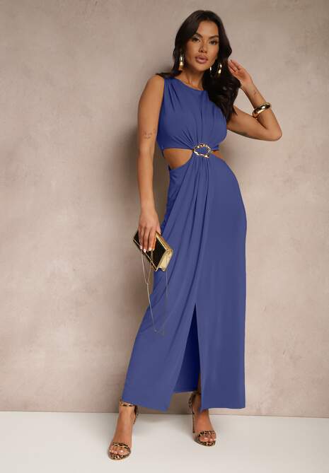 Niebieska Sukienka z Wiskozą Metalową Ozdobą i Wycięciami po Bokach Odivane