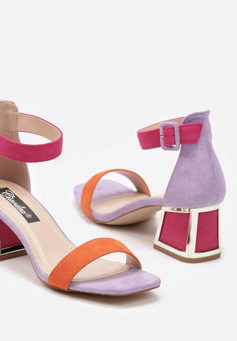 Pomarańczowo-Fioletowe Sandały z Metaliczną Wstawką na Słupku z Imitacji Zamszu Adlephia