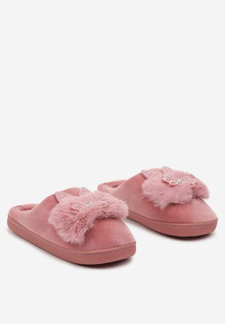 Ciemnoróżowe Kapcie na Płaskiej Podeszwie z Cyrkoniami i Futerkiem Dezilie