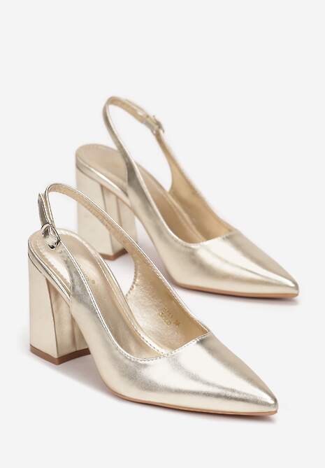 Złote Czółenka ze Szpiczastym Noskiem na Słupku i Odkrytą Piętą Dalanie