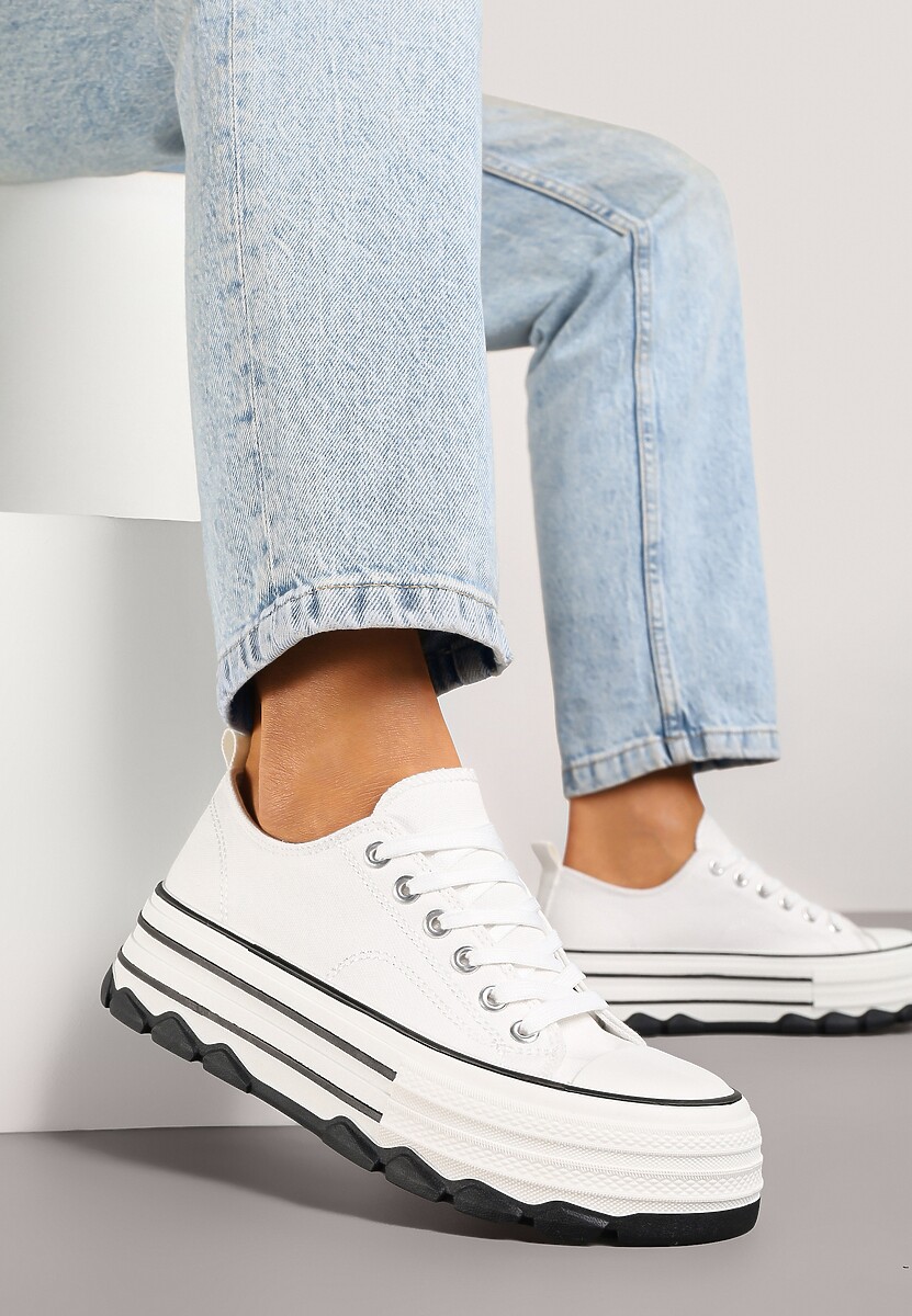 Białe Trampki na Platformie z Paskami i Niską Cholewką Zienelle
