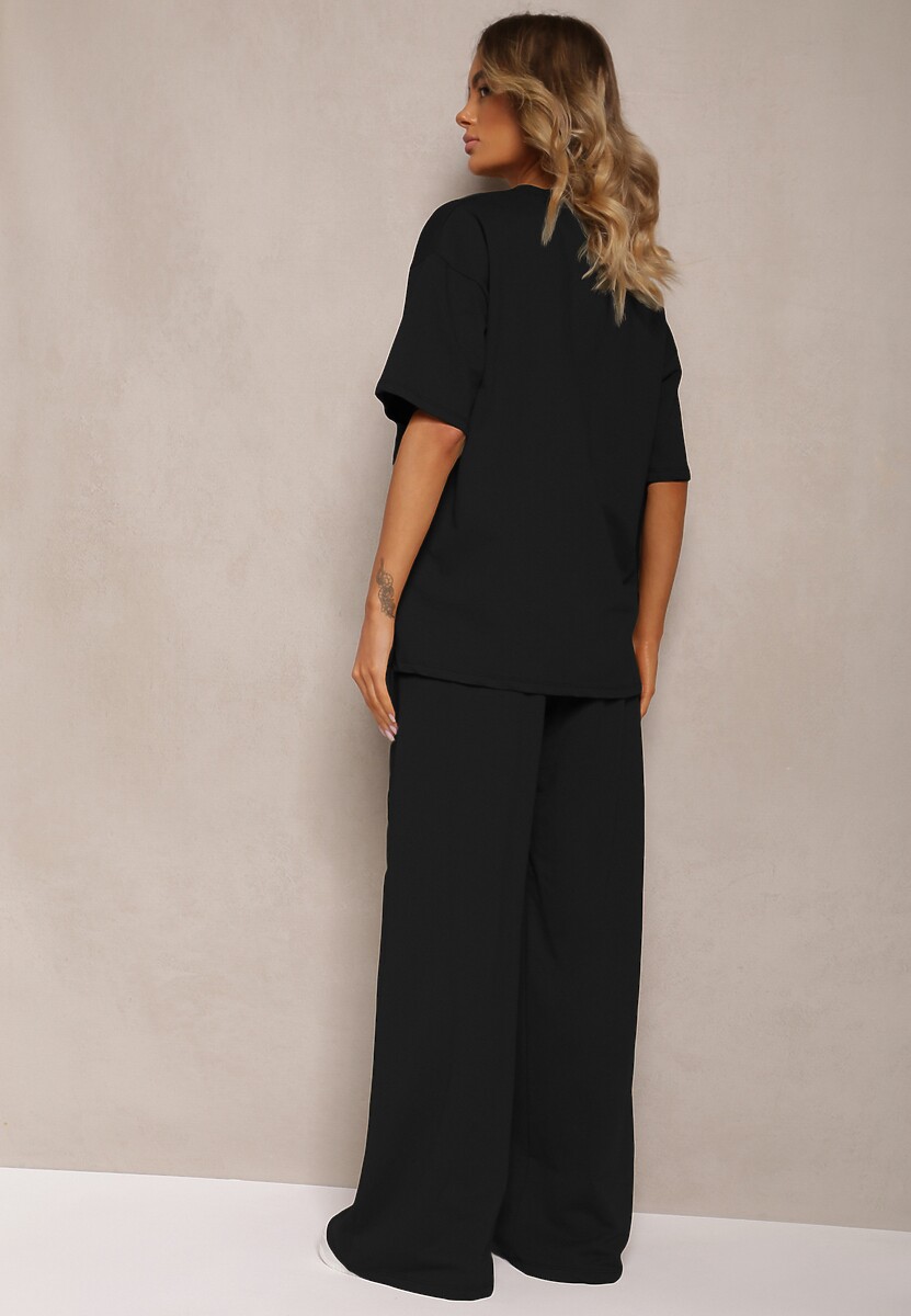 Czarny Komplet z Bawełny Proste Szerokie Spodnie z Gumką w Pasie Bluzka z Rozcięciami Vimarases
