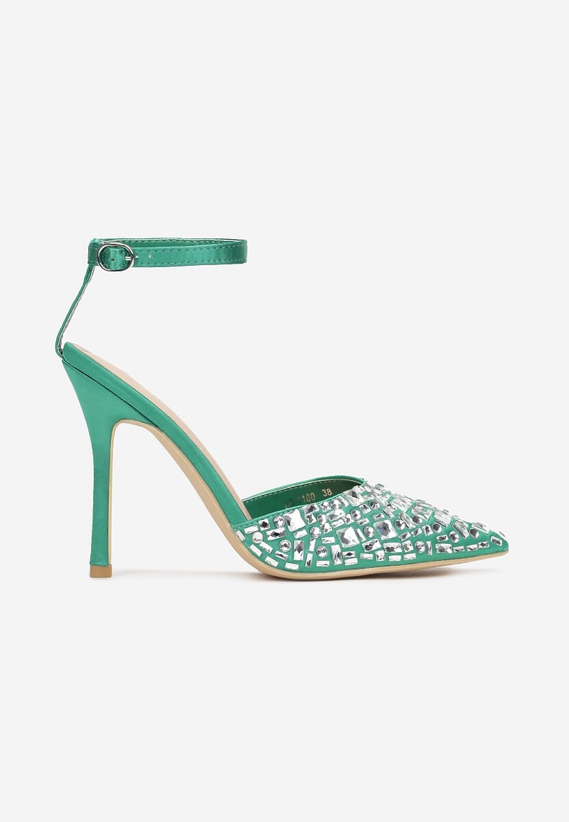 Zielone Sandały na Szpilce z Cyrkoniami i Sprzączką Adatine