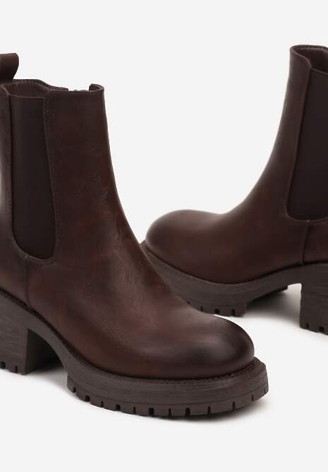Ciemnobrązowe Ocieplone Botki na Słupku w Stylu Sztybletów Ozdobione z Boku Gumką Crethea