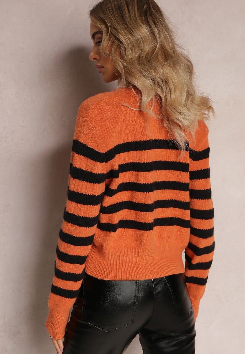 Pomarańczowy Luźny Krótki Kardigan Zapinany na Guziki w Paski Abburra