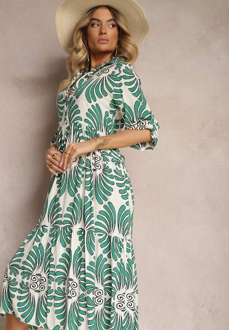 Zielono-Biała Wiskozowa Sukienka Zapinana na Guziki z Regulowanymi Rękawami Biatalia