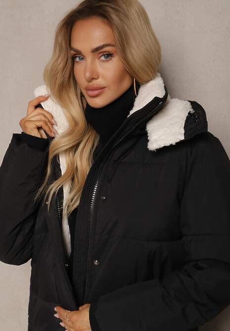 Czarna Pikowana Kurtka o Długim Kroju z Odpinanym Kapturem i Kieszeniami Etanore