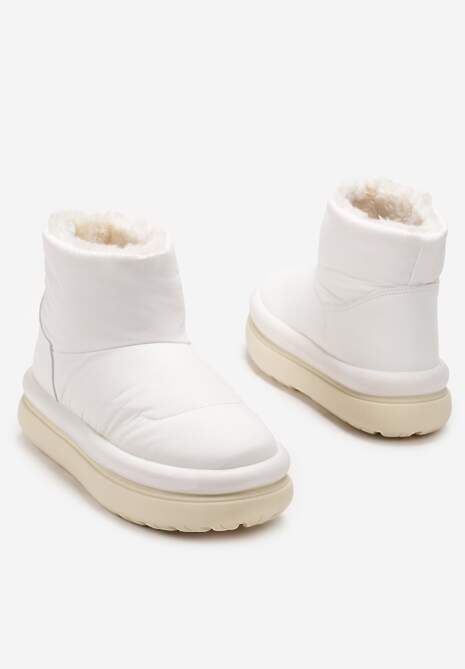 Białe Połyskujące Śniegowce na Płaskiej Podeszwie Ocieplone Futerkiem Brivida