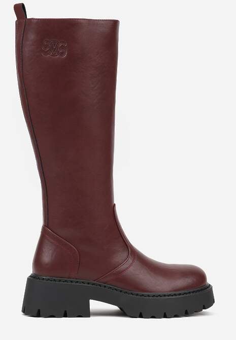 Bordowe Kozaki VICES na Platformie z Tłoczonym Zdobieniem przy Cholewce Uniresa