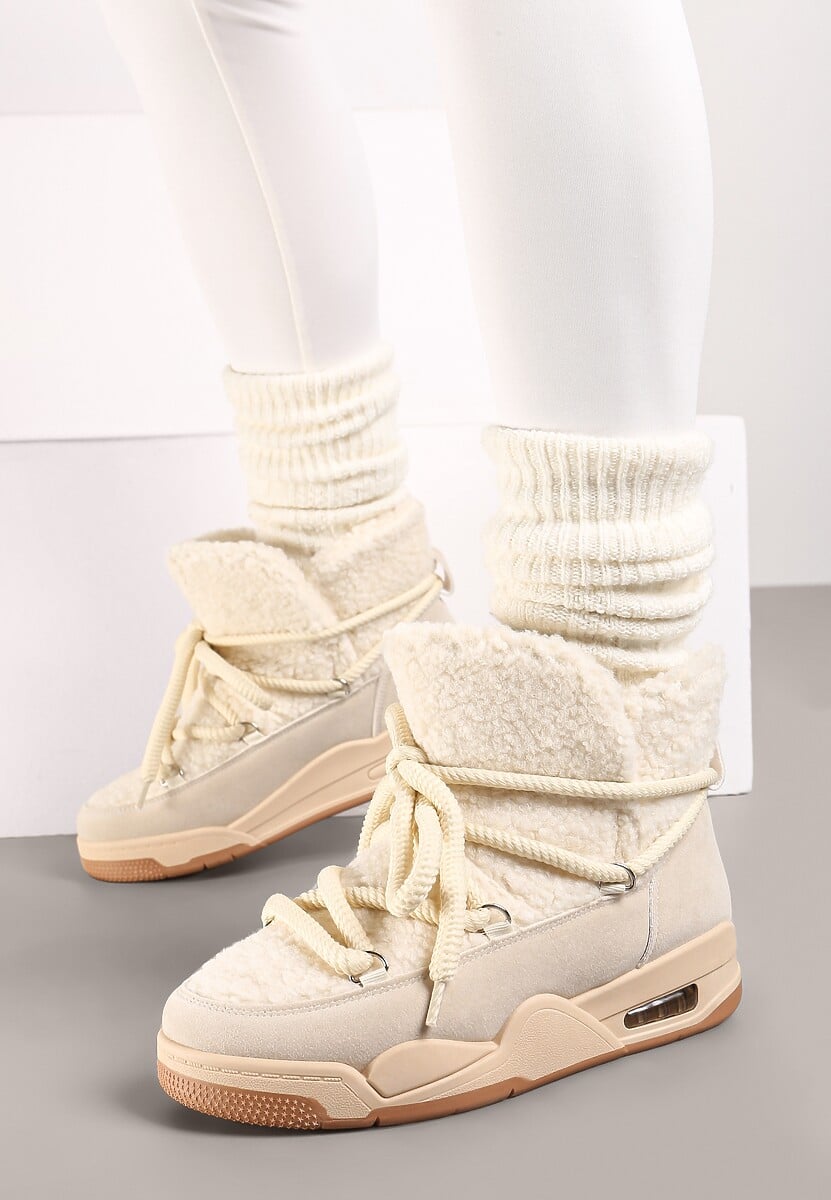 Beżowe Płaskie Śniegowce Ozdobione Futerkiem w Stylu Baranka i Sznurowaniem Alabera