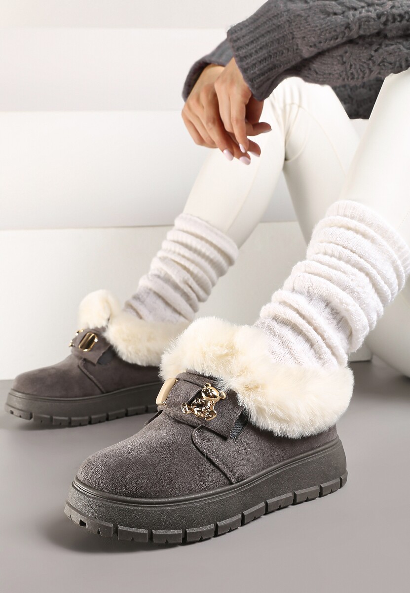 Szare Śniegowce na Platformie z Metaliczną Ozdobą i Futerkiem Mazizia