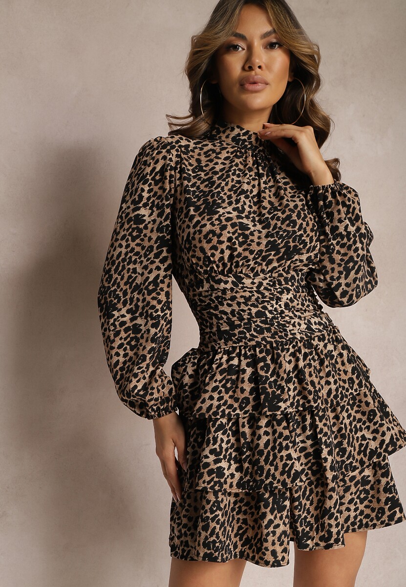 Brązowa Mini Sukienka o Rozkloszowanym Fasonie w Cętki z Falbankami Gerttera