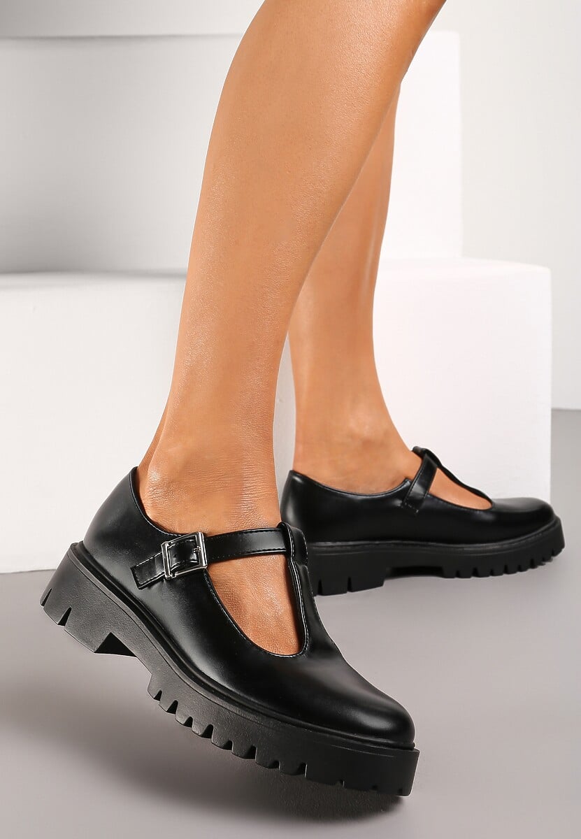 Czarne Półbuty z Ekoskóry na Płaskim Obcasie ze Sprzączką Frisena