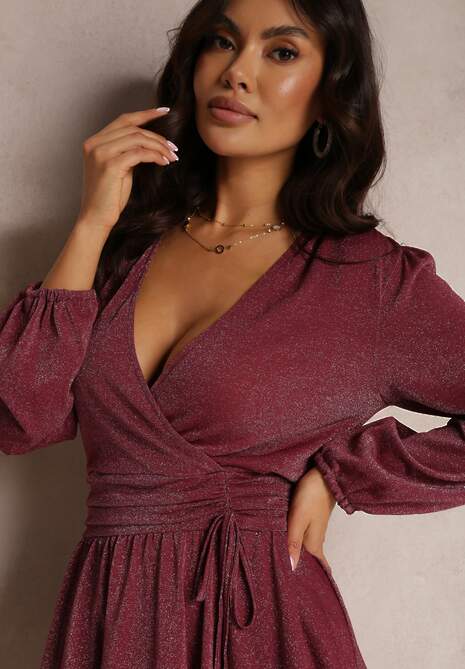 Bordowa Sukienka Rozkloszowana z Metaliczną Nitką Necile