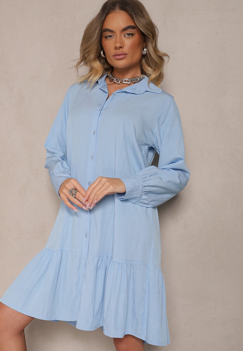 Niebieska Koszulowa Sukienka z Wiskozą Zakończona Falbanką Tirzedi
