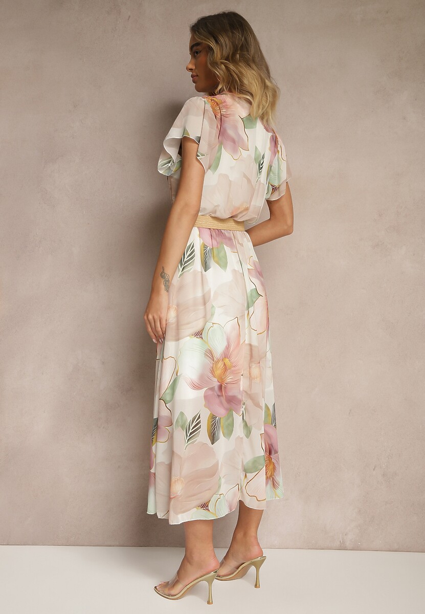 Beżowa Rozkloszowana Sukienka Zdobiona Wiązaniem i Paskiem z Klamrą Sorisse