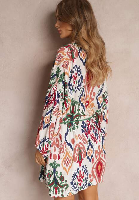 Biała Wiązana Narzutka z Długim Rękawem w Fantazyjny Nadruk Dioda