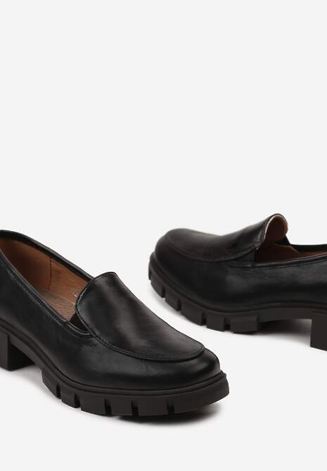 Czarne Mokasyny ze Skórzaną Wkładką i Grubą Ozdobną Podeszwą Viole