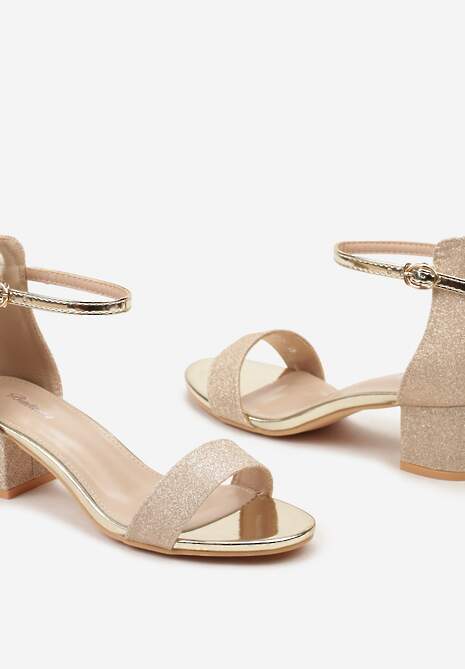 Złote Brokatowe Sandały na Słupku Zapinane Wokół Kostki Viatera