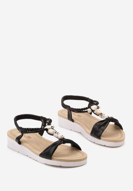 Czarne Sandały z Elastycznym Paskiem na Pięcie oraz Kamyczkami Granatella