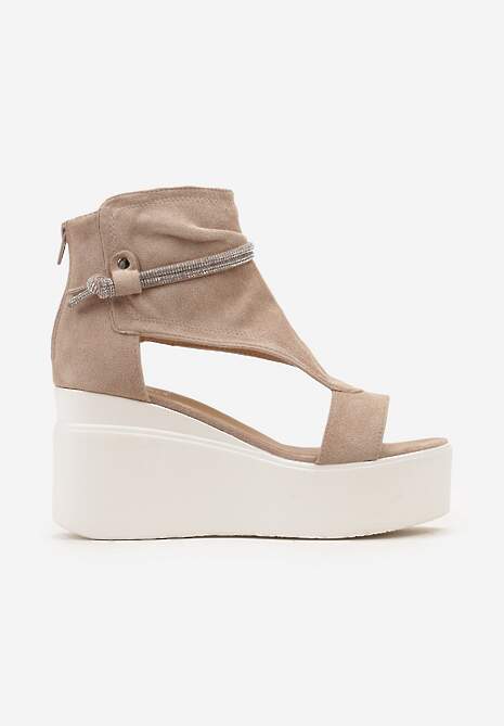 Beżowe Sandały za Kostkę na Platformie z Koturnem Ozdobione Cyrkoniami Gavrela