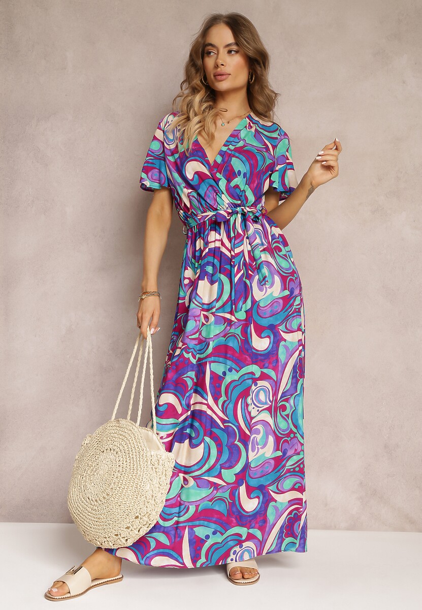 Fioletowa Wiskozowa Sukienka Maxi z Gumką w Talii i Materiałowym Paskiem Saramu