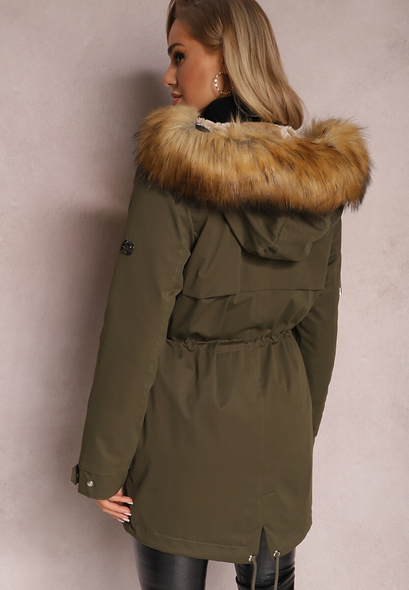 Ciemnozielona Kurtka Parka z Kieszeniami i Kapturem z Futerkiem Caulisa