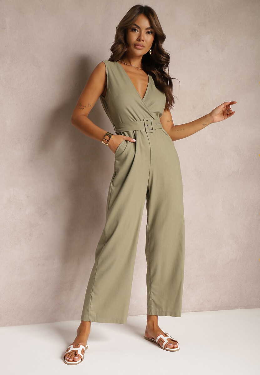 Czarny Bawełniany Kombinezon z Kopertowym Dekoltem Paskiem z Klamrą i Gumką w Talii Risalen