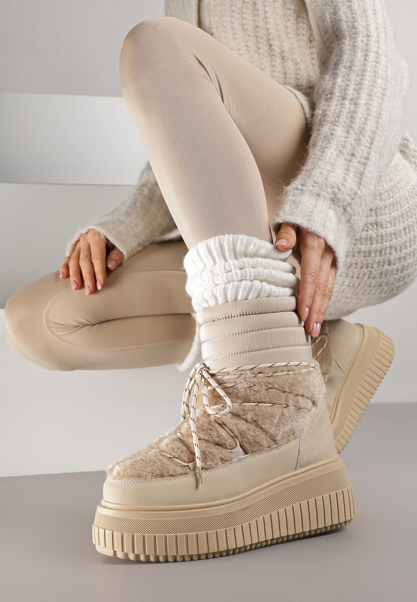 Jasnobrązowe Śniegowce na Platformie z Tłoczeniem Ozdobione Futerkiem i Pikowaniem Adallie