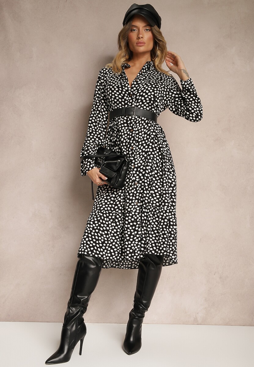 Czarno-Biała Bawełniana Sukienka Koszulowa w Kropki Wexnella