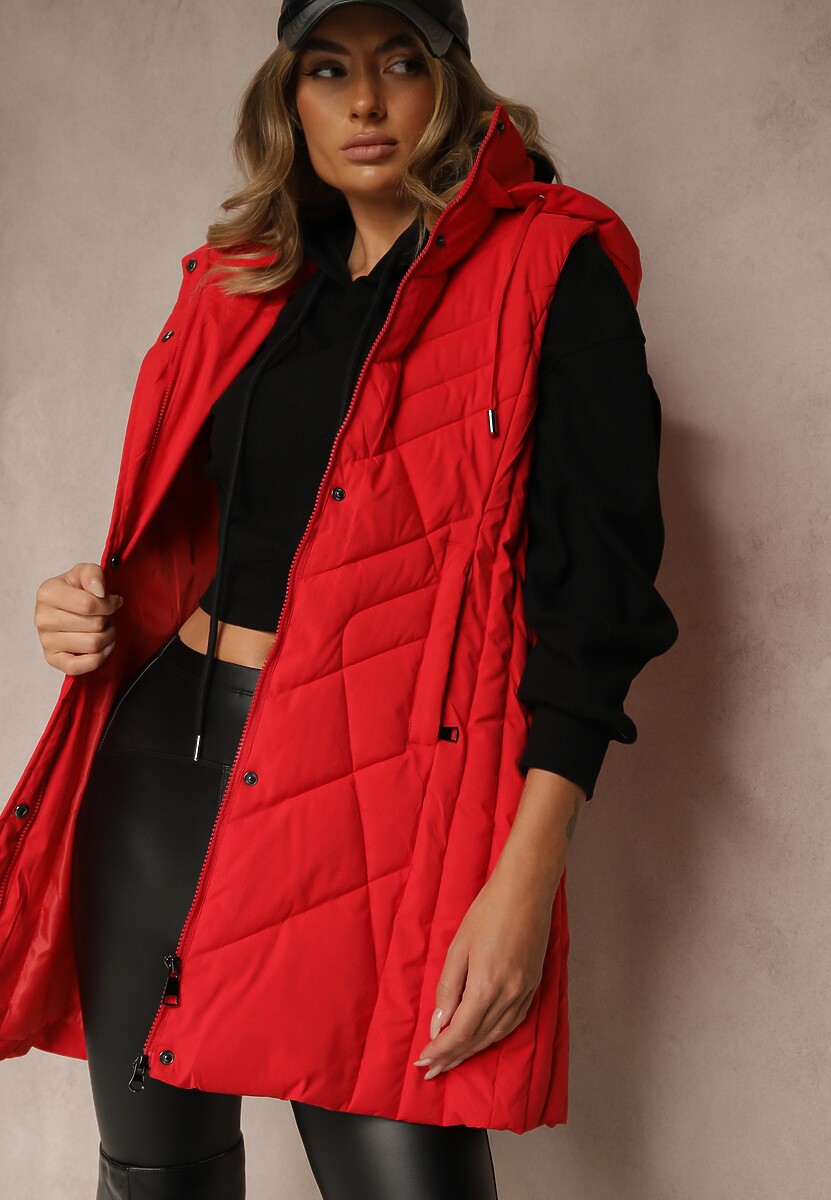 Ciemnobeżowa Pikowana Kamizelka o Taliowanym Kroju z Kapturem Tulonea