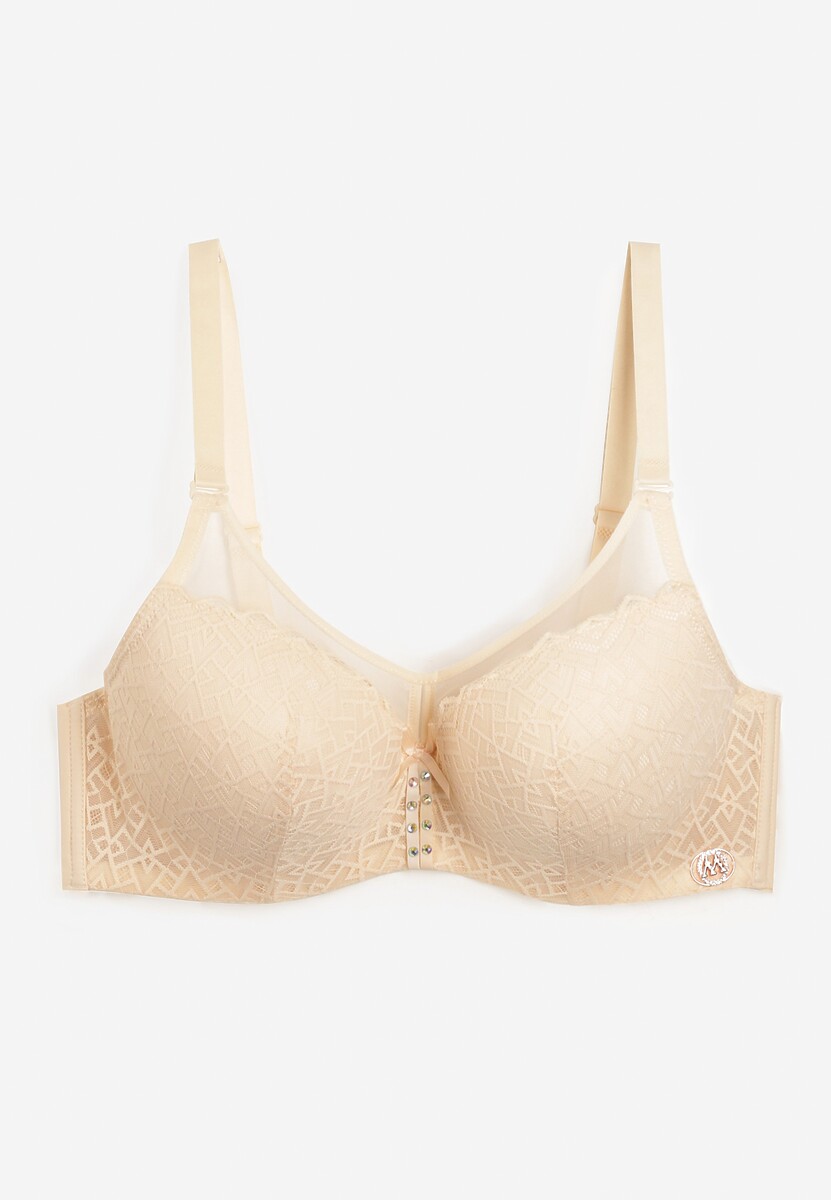 Beżowy Koronkowy Biustonosz Full Cup z Regulowanymi Ramiączkami Zdobiony Cyrkoniami Elleth