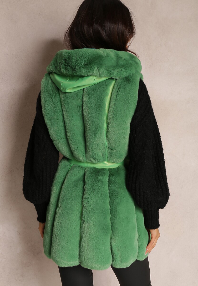 Zielona Kamizelka Futrzana z Wstawkami z Ekoskóry i Kapturem Lemize