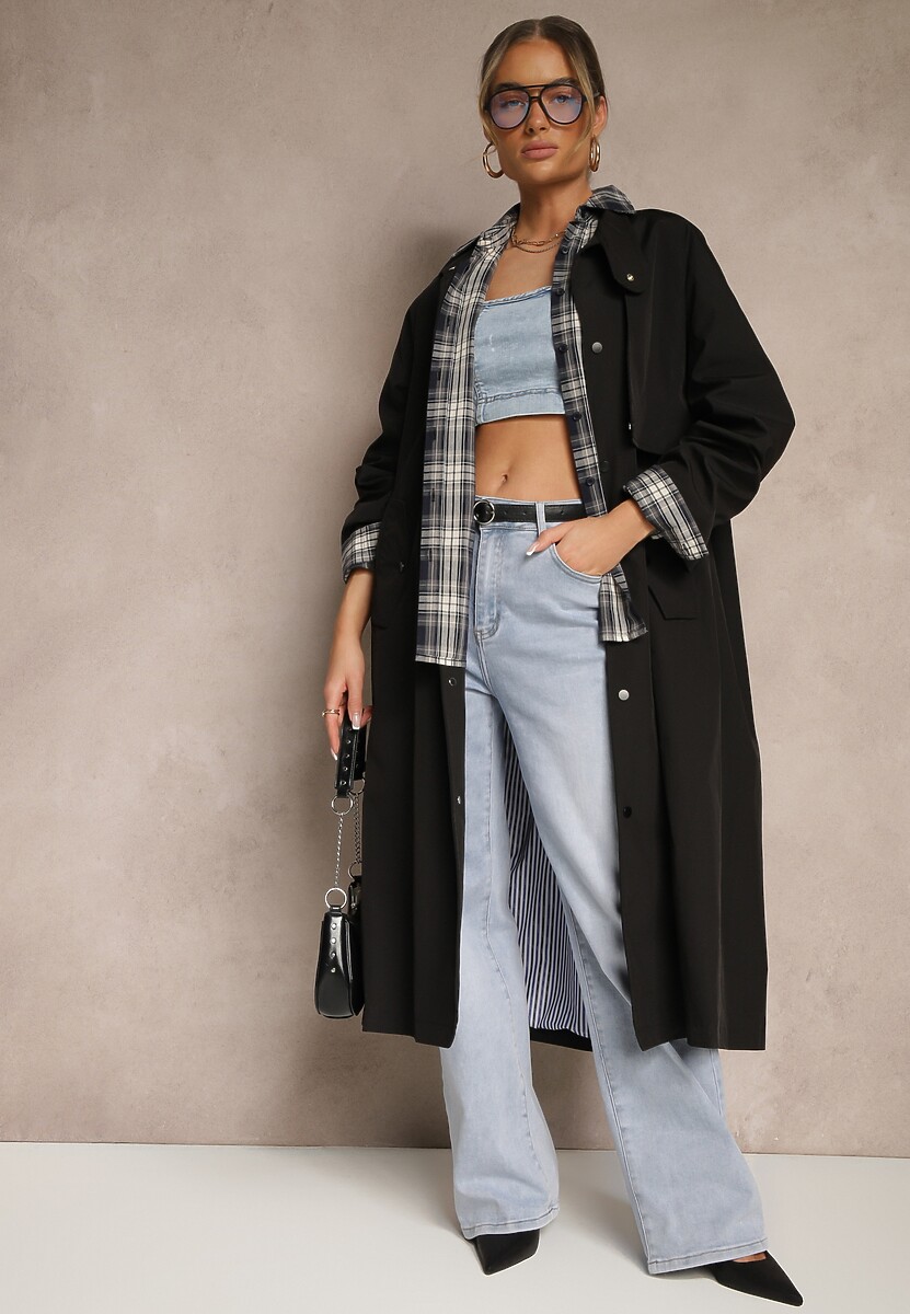 Czarny Płaszcz w Stylu Trencza Vintage z Asymetryczną Zakładką i Paskiem Davivellea