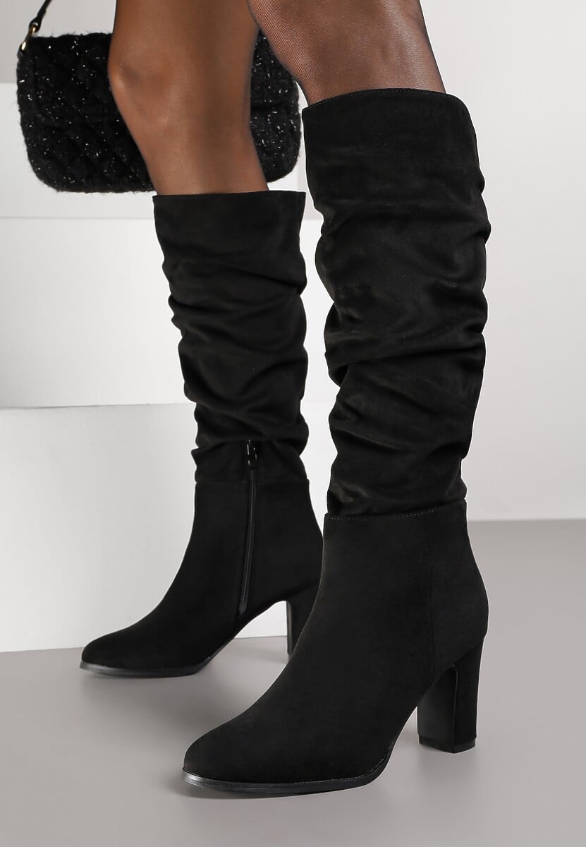 Czarne Kozaki na Słupku w Stylu Slouchy do Kolan Zeriza