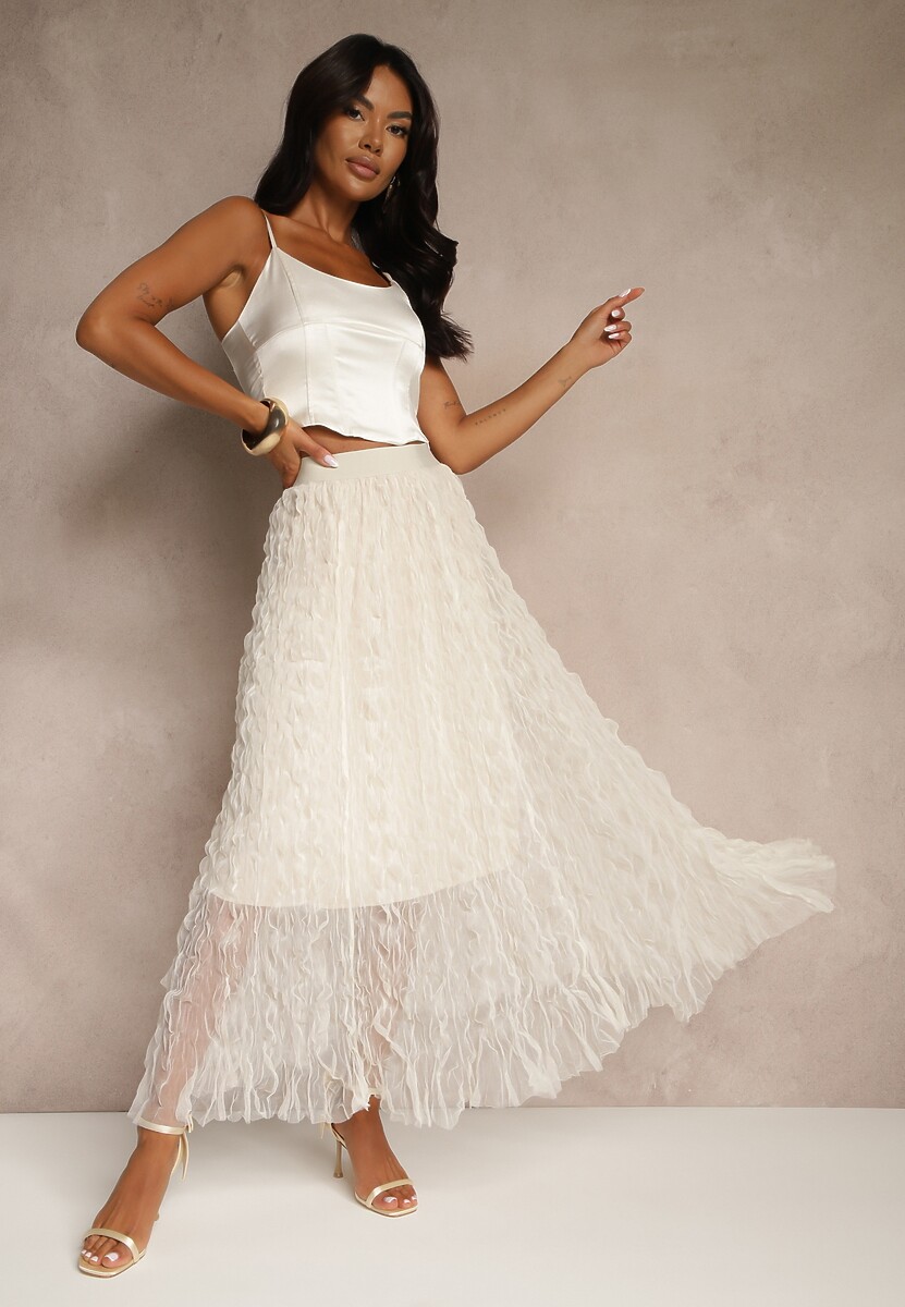 Jasnobeżowa Półtransparentna Spódnica z Tłoczeniami o Rozkloszowanym Kroju z Gumką w Talii Zeridra