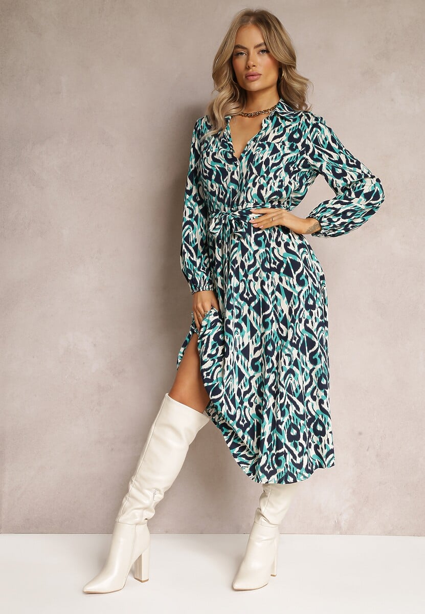 Niebieska Sukienka Koszulowa w Geometryczny Wzór Gena