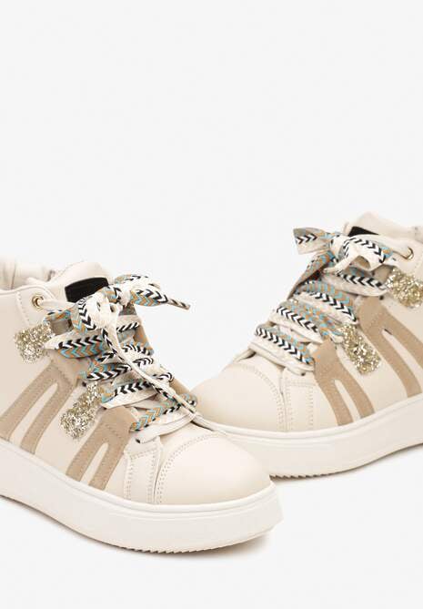 Beżowe Streetwearowe Sneakersy na Grubej Podeszwie Ozdobione Kontrastowymi Wstawkami Kaittane