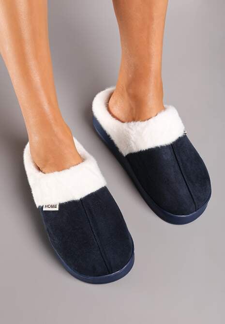 Granatowe Kapcie na Płaskiej Podeszwie z Futerkiem Lerivena