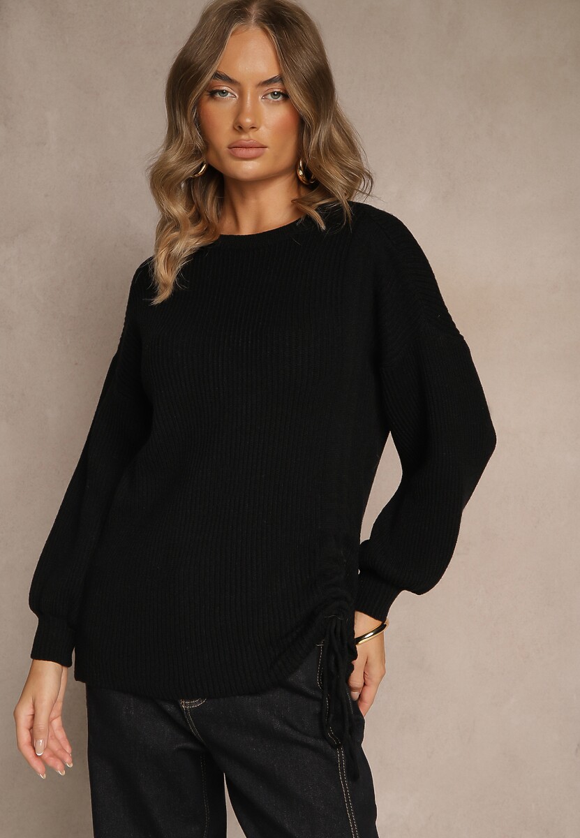 Beżowy Sweter z Wiskozą o Prostym Kroju z Bocznym Ściągaczem Tivadella