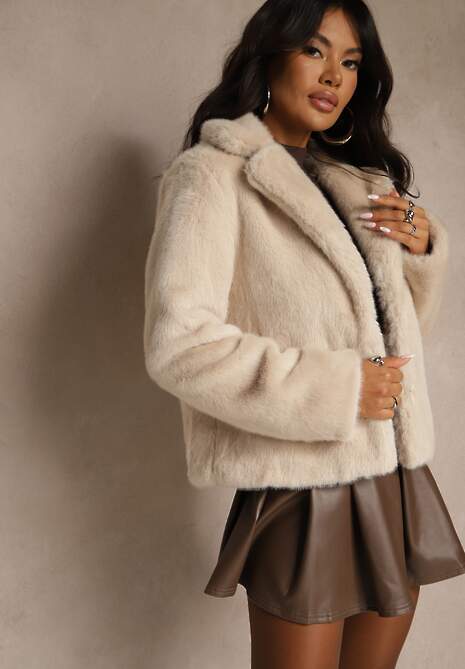 Beżowa Elegancka Kurtka Futerko o Krótkim Kroju z Kołnierzem Girivine