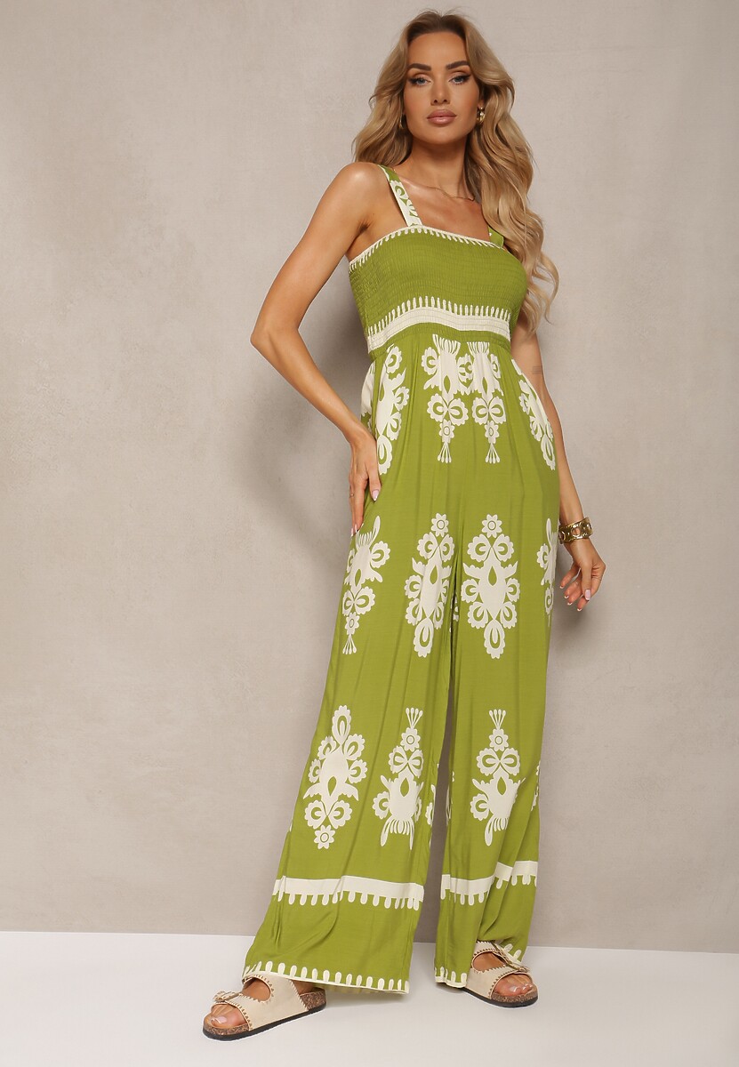 Zielony Wiskozowy Kombinezon z Marszczonym Dekoltem na Ramiączkach z Długimi Nogawkami Amperia