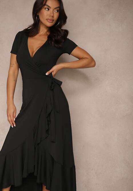 Czarna Sukienka o Kopertowym Fasonie z Falbankami Zleffia