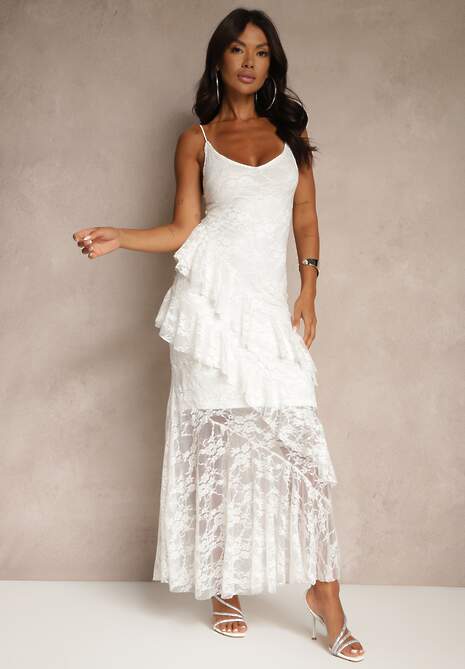 Biała Koronkowa Sukienka na Ramiączkach Ozdobiona Falbankami Silurelle